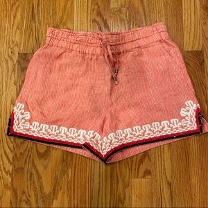 Anthropologie pink striped drawstring waist linen shorts with embroidered hem